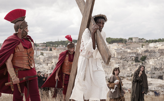 Metaponto, Italy. Jesus (Yavn Sagnet, center) and his Apostles at the scene of the Last Supper. Original setting.Apostles (actors) from the left to the right: Thomas (Alexander Marfo), Jude Thaddeus (Souleiman Mohammad), Andrew (Mbaye Ndiaye), Ba